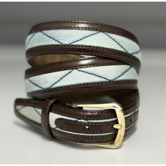 RARE Brioni Brown Leather Blue Quilted Denim Belt Solid Brass Buckle Sz 100 / 40 - Picture 1 of 12